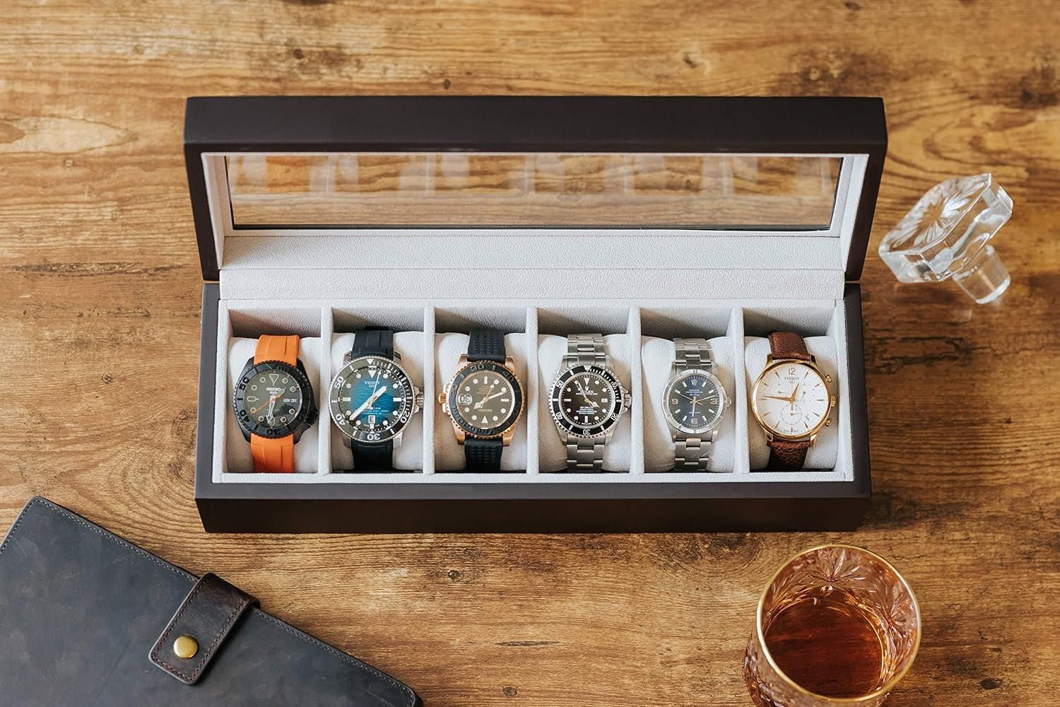 Premium Wood Watch Box Organiser with Glass Display Case